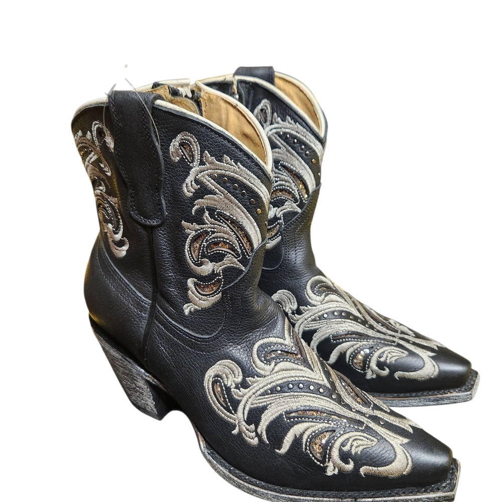 Shyanne Ankle Boots Black and Cream with Ornate Embroidery